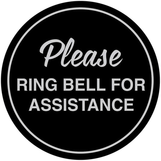 Signs ByLITA Circle Please Ring Bell For Assistance Wall or Door Sign | Easy Installation | Front Desk Reception Sign (Black/Silver) - X-large (2 Pack)