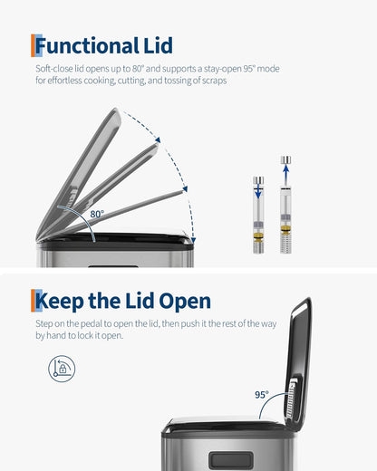 GarveeHome 2 x 10.6 Gallon Stainless Steel Double Trash Can with Lid for Kitchen, Large Dual Trash and Recycle Bin Combo, Step-on Kitchen Metal Garbage Cans, PP Inner Buckets, Liner Rim, Silver