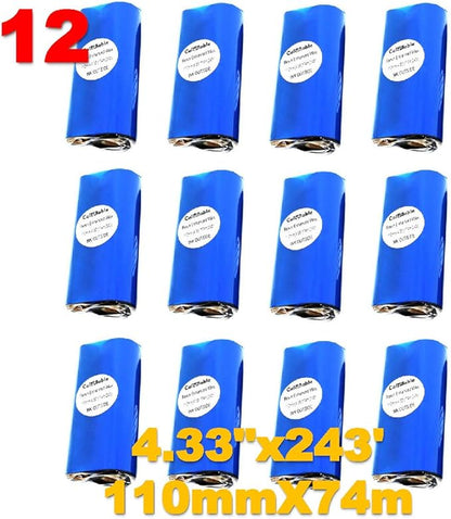 12 Count 4.33" x 243' (110mmx74m) Thermal Wax Ribbons 1/2" Core Thermal Transfer Wax Ribbon for Zebra,TEC,DATAMAX,INTERMEC,Avery,Citizen,SATO,TSC,GODEX,ARGOX
