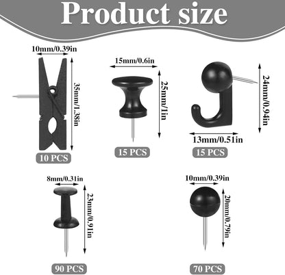 200 Pieces Push Pins Thumb Tacks Black Push Pins for Cork Board, 5 Style for Bulletin Boards Wall Maps Pictures Office Home Supplies