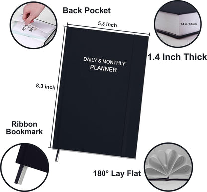 Daily & Monthly Planner for 2025 2026 or Anytime - ADHD Planner Two Pages Per Day, Daily Planner Undated to Increase Focus, Eliminate Overwhelm, Achieve Your Biggest Goals, 5.8'' × 8.3'', Black