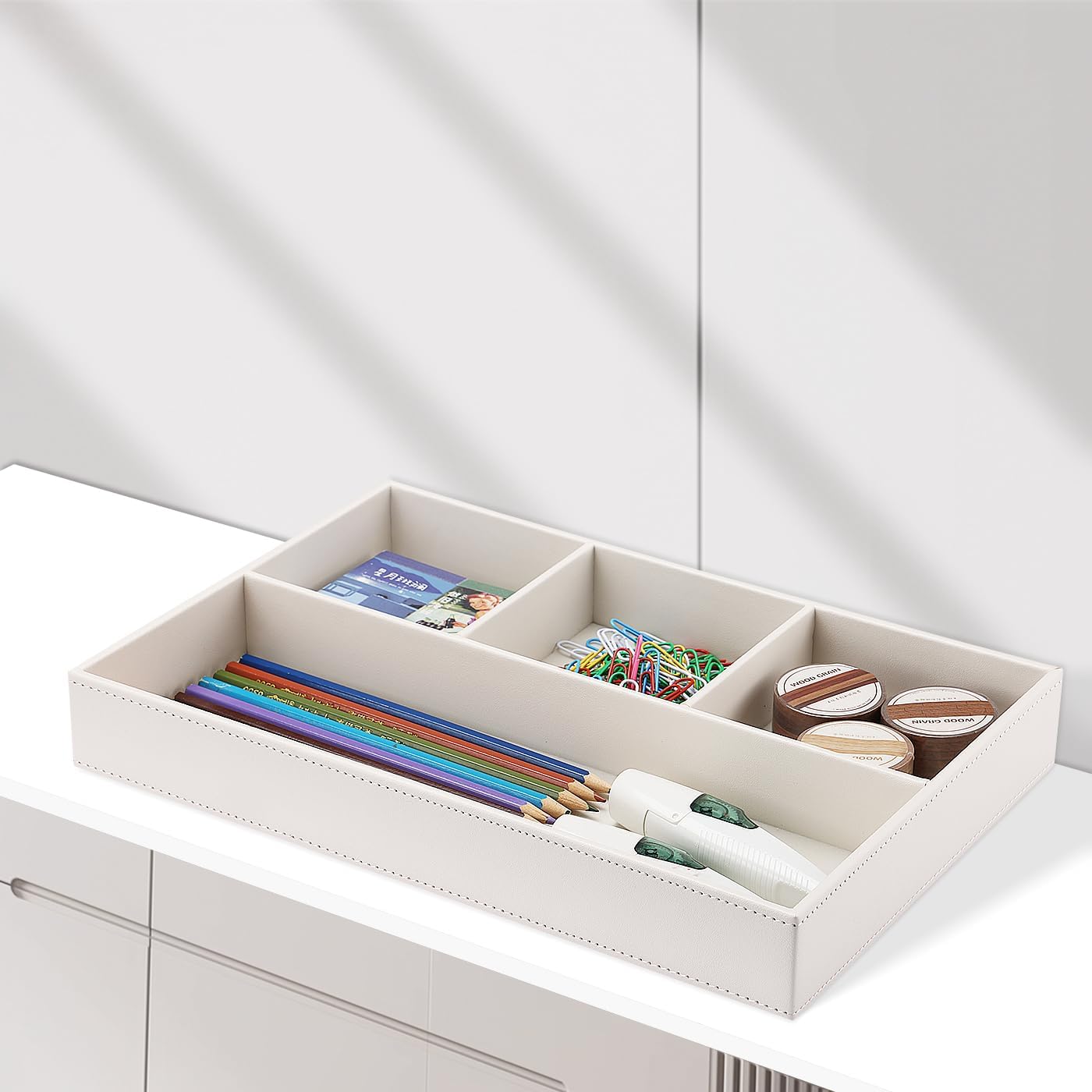KINGFOM PU Leather Desk Drawer Organizer, 4 Compartment Office Supplies Stationery Storage Tray, Desk Organizers and Accessories Drawer Organizer Tray for Home, Makeup, Jewelry Stackable White