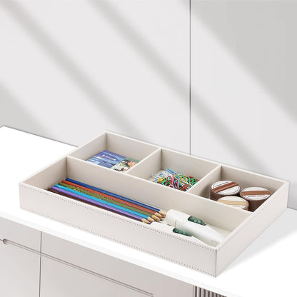 KINGFOM PU Leather Desk Drawer Organizer, 4 Compartment Office Supplies Stationery Storage Tray, Desk Organizers and Accessories Drawer Organizer Tray for Home, Makeup, Jewelry Stackable White