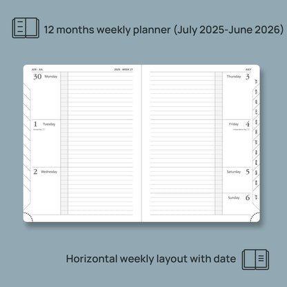 POPRUN Planner 2025-2026 (Medium 6.75''x 8.75''), Horizontal Weekly Notebook Jul.2025 - Jun.2026, Academic Appointment Book with Monthly Tabs, Leather Hardcover, Inner Pocket, 100 GSM - Midnight Green