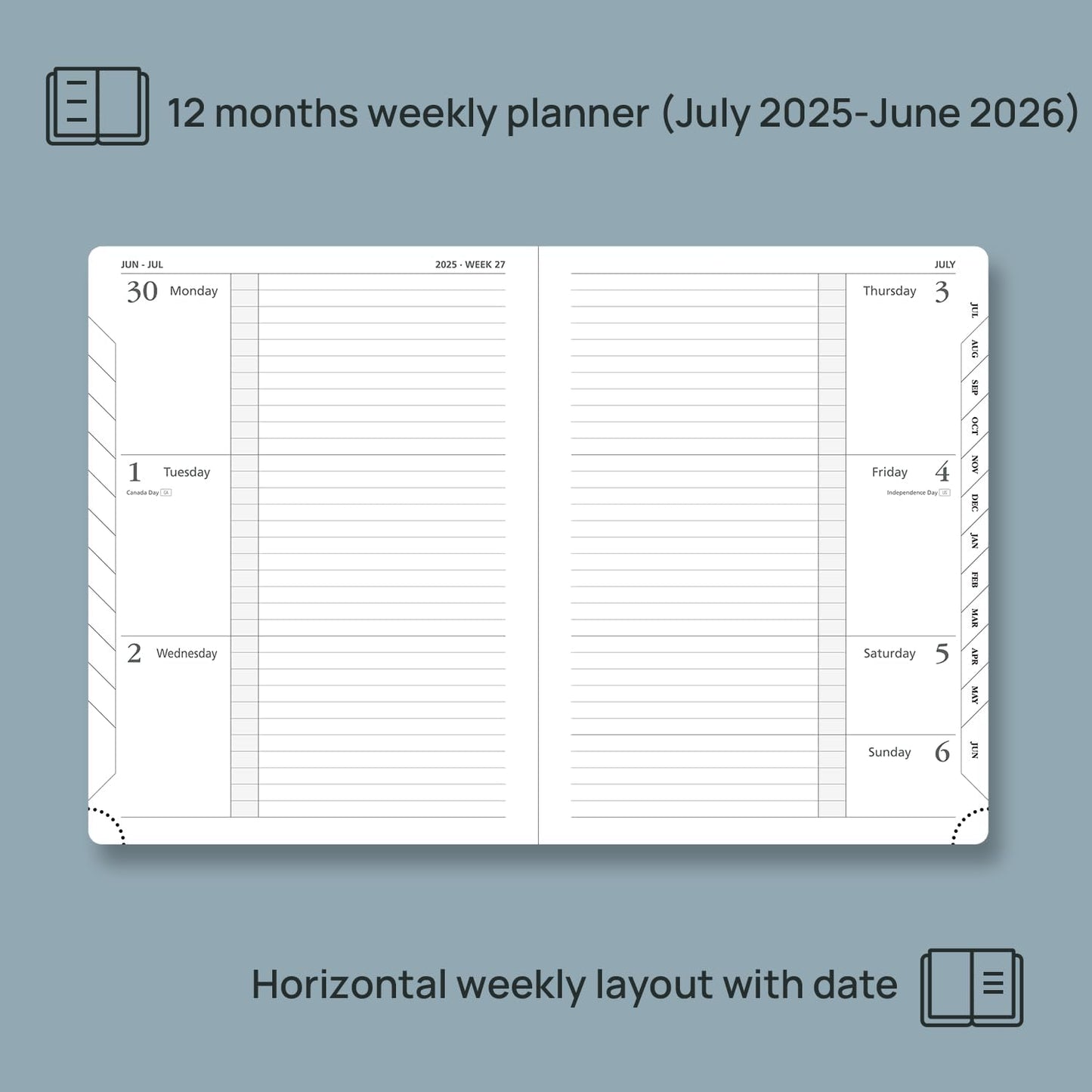 POPRUN Planner 2025-2026 (Medium 6.75''x 8.75''), Horizontal Weekly Notebook Jul.2025 - Jun.2026, Academic Appointment Book with Monthly Tabs, Leather Hardcover, Inner Pocket, 100 GSM - Aquamarine