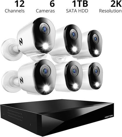 Night Owl 2-Way Audio 12 Channel DVR Video Home Security Camera System with (6) Wired 2K HD Indoor/Outdoor Deterrence Cameras and 1TB Hard Drive (Add up to 2 More Wired and 4 Wi-Fi Cameras)