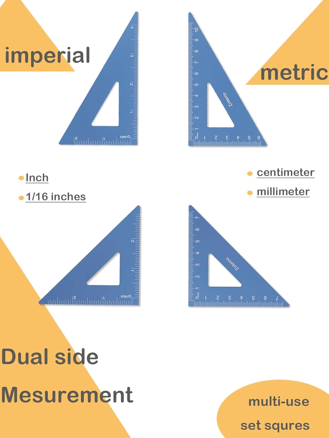 Metal Geometry Set, 5-Piece Aluminum Ruler, Math Drafting Ruler Kit Includes Protractor, Triangle Rulers, Straight Rulers-Math Measurement Tools for School and Office Supplies (Blue)
