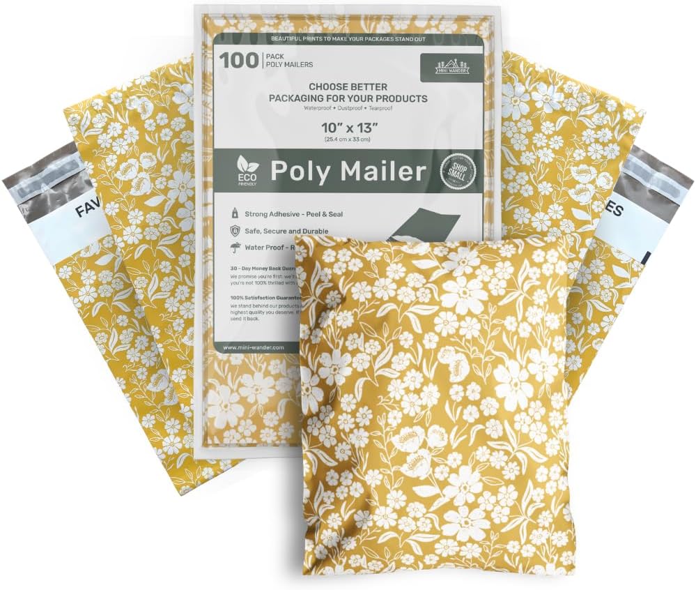 Poly Mailers 10x13 Inch 100 Pack Medium Shipping Bags Strong Thick Mailing Envelopes | Self Sealing Adhesive | Waterproof & Tear Proof | Small Business Packaging for Clothing - Floral Mustard Yellow