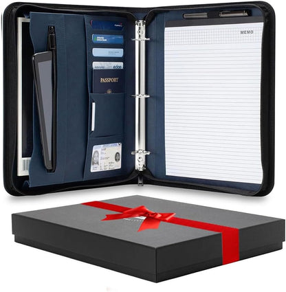 Portfolio Organizer - 3 Ring Binder with Notepad - 1.5 Inch Rings - Zippered Storage Pockets for Papers, Travel Documents, Presentation Folder, Cards, Passport, Tickets - Blue