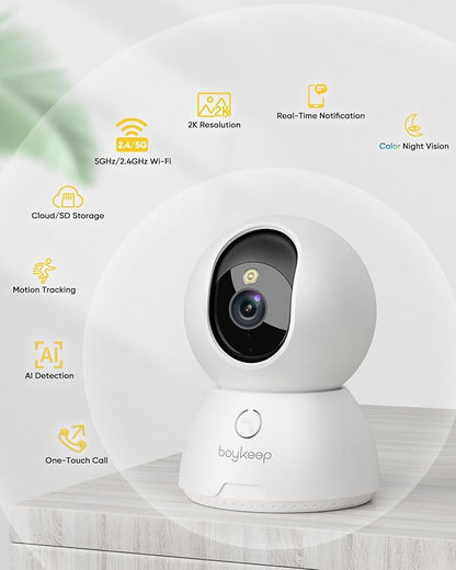 BoyKeep Indoor Camera, 2K Cameras for Home Security with Motion Detection, Pet Camera Indoor with Phone App, Color Night Vision, 2-Way Audio, Cloud/TF Card Storage, Compatible with Alexa