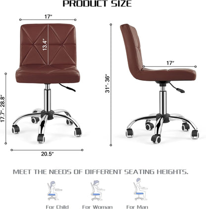 COSVALVE Armless Desk Chair, Mid Back 360 Swivel Office Chair, Height Adjustable Executive Conference Task Chair with Rolling Wheels and Diamond Pattern for Home Bedroom Computer Barber, Brown