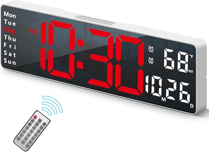 Digital Clock, Digital Wall Clock for Living Room Decor, Desk Alarm Clock for Bedroom, Large Wall Clock with Remote Control, Automatic Brightness Dimmer LED Clock with Date Temperature Week (Red-W)