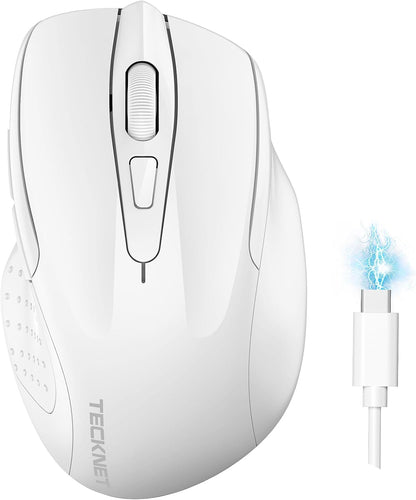 TECKNET Wireless Mouse (BT5.0/3.0 & 2.4G) Rechargeable 4800 DPI Silent USB A & Bluetooth Mouse 6 Buttons, Wide Compatibility - White