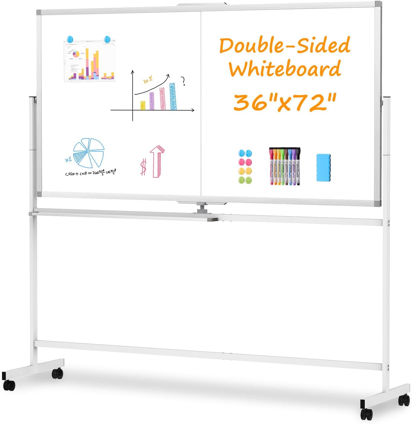 WALGLASS Rolling Whiteboard on Wheels, 72"x36" Double-Sided Dry Erase White Board with Stand, Large Magnetic Whiteboard, Giant Portable Standing Whiteboards for Office, School, Home, Classroom 6x3 ft