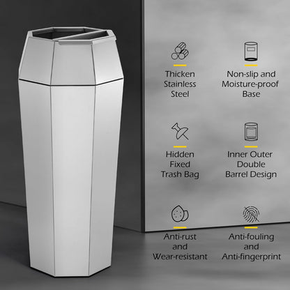 Dyna-Living Commercial Heavy-Duty Trash Cans Outdoor Garbage Can with Lid Large Trash Cans with Inside Cabinet for Patio, Silver Stainless Steel Garbage Can Commercial Indoor Trash Bin for Lobby