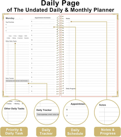 Undated Daily Monthly Planner for 2025 2026 - A5 To Do List with Hourly Schedule, Hardcover Spiral Bound Daily Planner to Increase Focus, Stylish School/Office Supplies, 5.8" x 8.5", Pink
