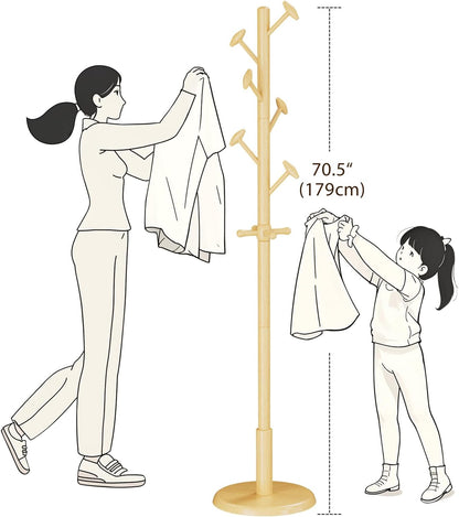 Solid Wood Coat Rack Freestanding Coat Tree with 10 Hooks for Bedroom, Livingroom, Entryway, Sturdy Coat Hanger Stand for Hats, Coats, Scarves, Handbags, Purses