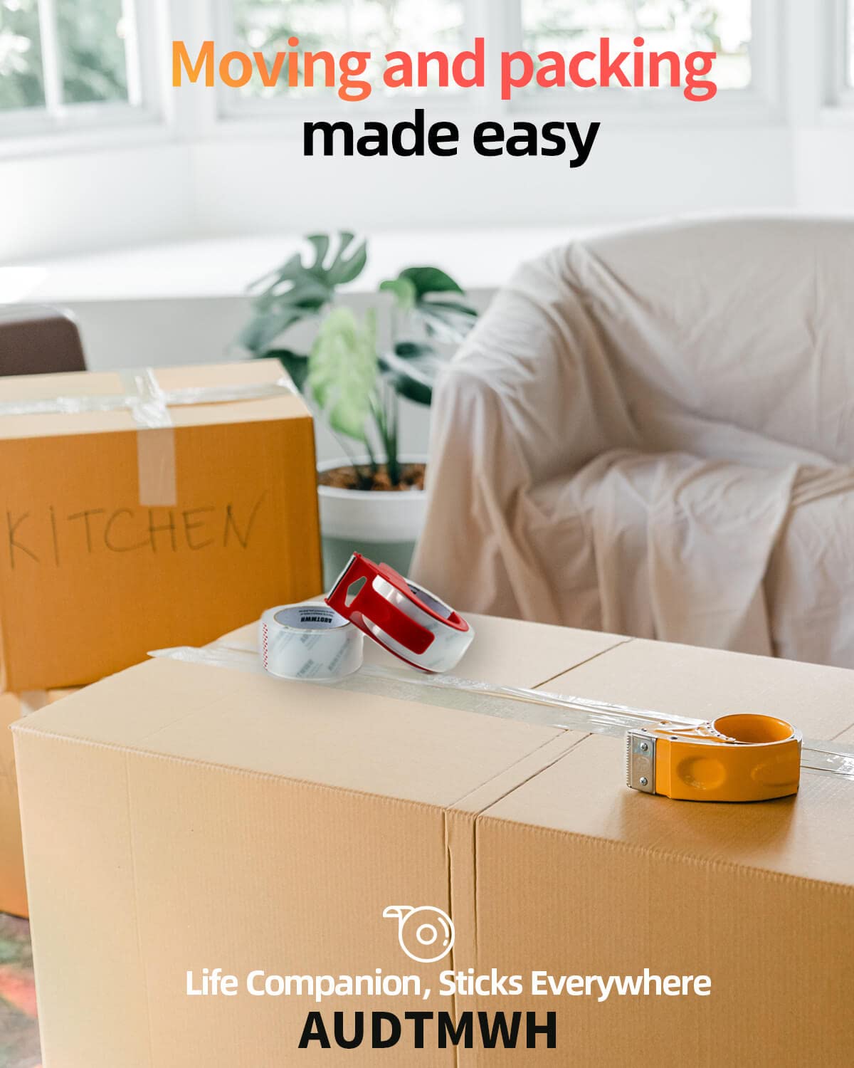 Packing Tape with Dispenser, Clear, Heavy Duty Packaging Tape Designed for Moving, Packing, Shipping and Mailing, 1.88" x 48 Yds, 2 Rolls w/1 Dispenser