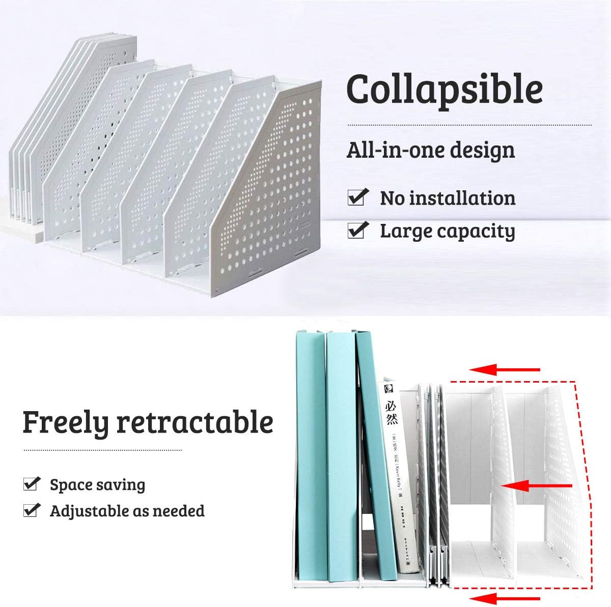 Lemical Magazine Holder 4 Vertical Compartments Collapsible Magazine File Holder Space Saving Rack Home Kitchen Desk Organizer No Need Assemble Gray