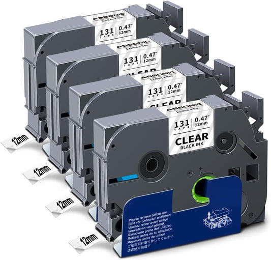 Absonic Tz131 Label Maker Clear Tape Compatible for Brother Tze-131 Tze 12mm 0.47 Laminated 1/2 Tz Label Tape for Brother Ptouch PTD220 PTD210 PTH110 PTH100 PTD400 PTD610BT, Black on Clear, 4-Pack