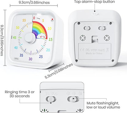 Yunbaoit Visual Timer with Protective Case, Rainbow Disk 60 Minute Countdown Timer for Kids and Adults, Silent Time Management Tool(White)