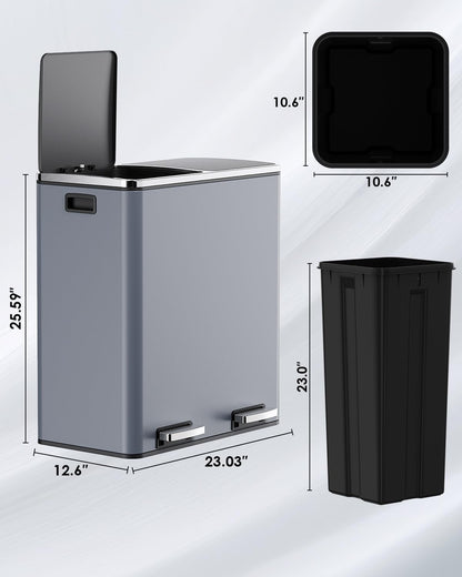 Arlopu 16 GallonStainless Steel Trash Can, 60L Dual Compartment, Metal Kitchen Step Recycle Bin, Metal Double Dustbin, in-Home Garbage Rubbish Can W/Removable Liner Buckets (Grey)