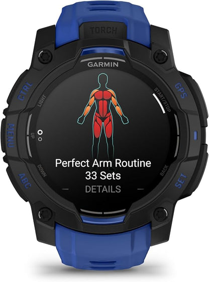 Garmin Instinct® 3 – 45 mm, AMOLED Display, Rugged Outdoor GPS Smartwatch, Built-in Flashlight, Supernova Collection Limited Edition Color, Black with Bolt Blue/Black Silicone Band