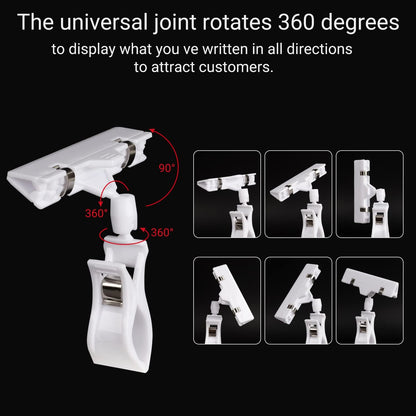 Display Clips, 10 Pack Double Head Rotating Reuse Food Sign Holder, Mini Plastic Chalkboard for Business, Party, Office, Exhibition (White)