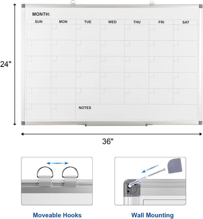 Comix Magnetic Dry Erase Calendar Whiteboard, 36 x 24 Inches Monthly Calendar Dry Erase Board for Wall, Aluminum Frame Planner White Board with Dry Erase Markers, Eraser, Magnets