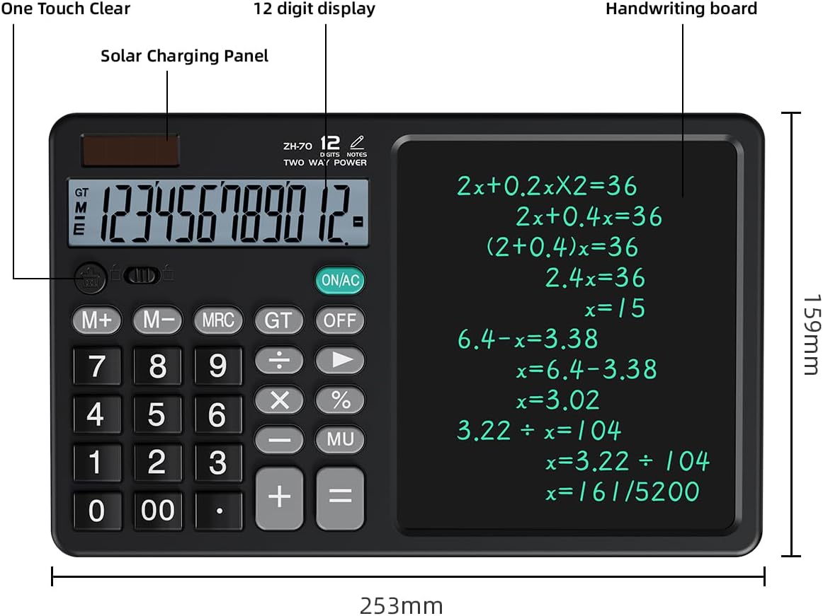 Scientific Calculator with Pull - Out Stylus, 12 - Digit Wide Screen & 100,000+ Reusable Writing Pad, One - Click Clear/Lock, Solar & Battery Dual Power, Portable for School Office Business (Black)