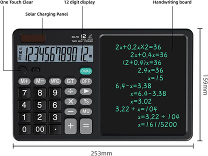 Scientific Calculator with Pull - Out Stylus, 12 - Digit Wide Screen & 100,000+ Reusable Writing Pad, One - Click Clear/Lock, Solar & Battery Dual Power, Portable for School Office Business (Black)