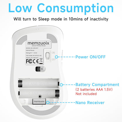 memzuoix 2.4G Wireless Mouse, 1400 DPI Computer Mice with USB Receiver, Portable Wireless USB Mouse Battery Powered Cordless Mice for Laptop, PC, Desktop, 5 Buttons (White)