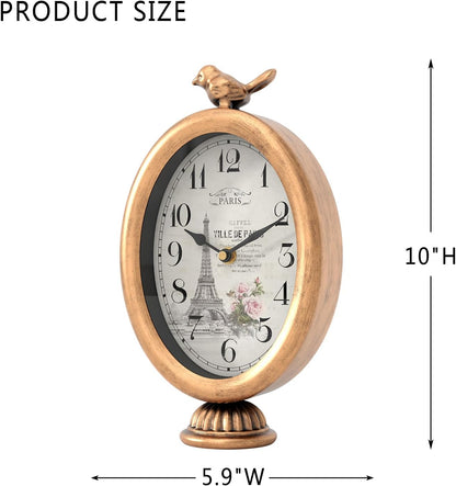 Vintage Table Clock with Bird, Desk and Shelf Decor Clock, French Paris Style, Antique Gold Metal Mantel Clocks for Living Room, Farmhouse, Bedroom, Bedside, Gift (10" H x 5.9" W)