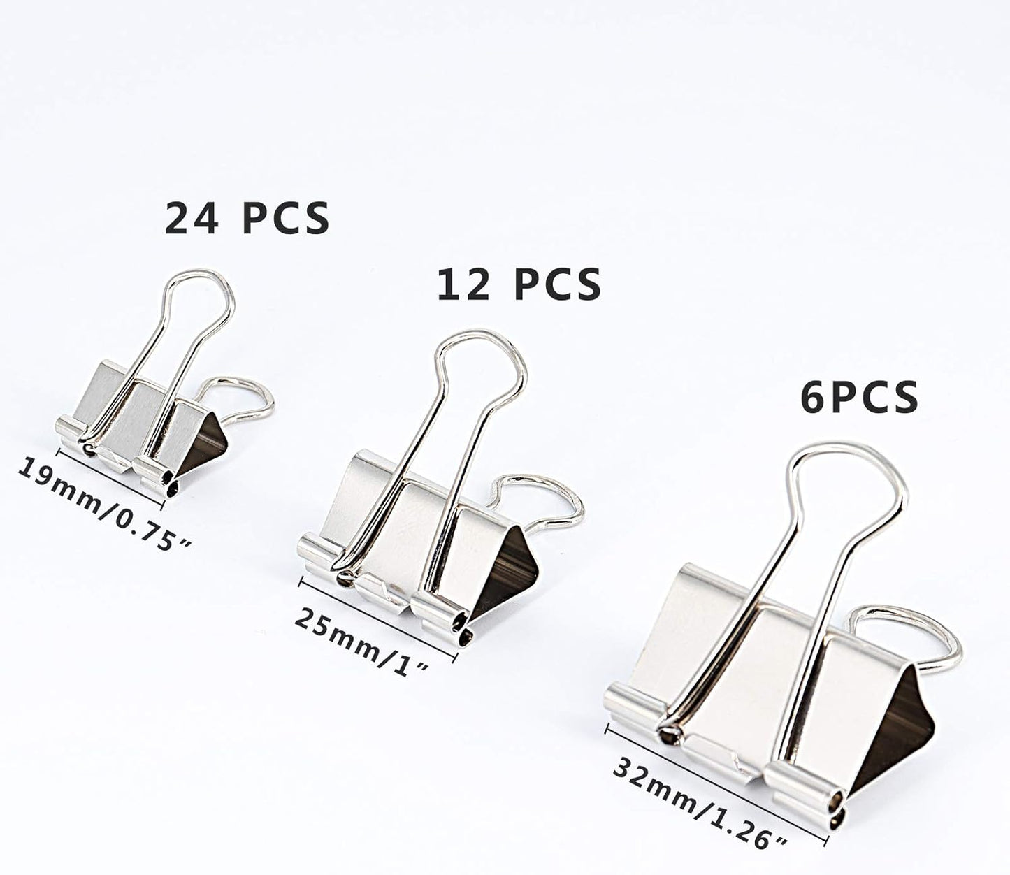 Silver Binder Clips Paper Clamps, Assorted Sizes Set (Small, Medium, Large) for Office School and Home Supplies (New Version)
