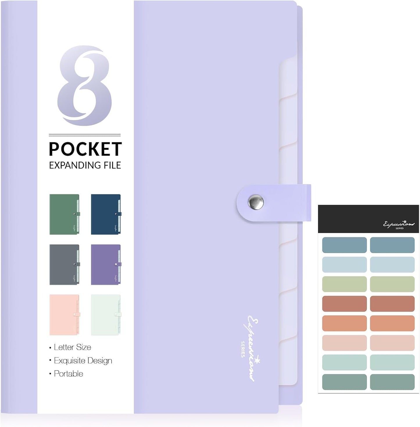 Sooez Elegant Accordion File Organizer with Labels, 8 Pocket Expanding File Folder, Portable Folders for Documents, Cute Paper Organizer for School Office Supplies, Letter Size, Light Purple