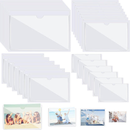 Outus 100 Pcs Clear Self Adhesive Pockets - Bin Labels for Storage Bins, Pocket Label Sleeves, Plastic Index Card Holder with Top Open for Organizing Bins Box Drawer(Mixed Sizes)
