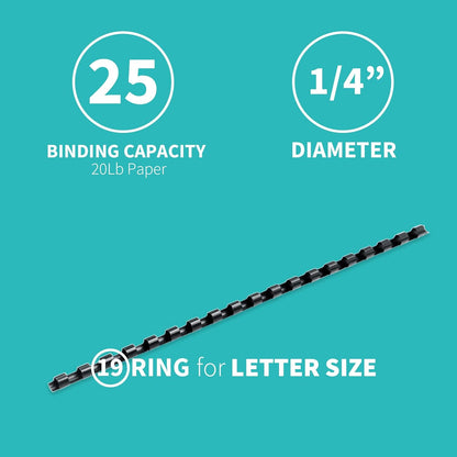 Binditek 200 Pack Plastic Binding Comb Spines, 1/4 Inch Diameter, 25 Sheet Capacity, for Letter Size, Black, for Students and Coworkers