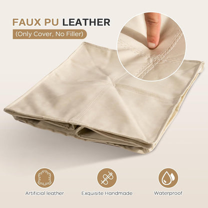 17.7" Square Unstuffed Pouf Ottoman Cover, Pu Leather Poufs Cube Foot Stool Poofy Ottomans Footrest, Decorative Casual Footstool for Living Room, Perfect to Rest Your Feet, Only Cover No Filler, Beige