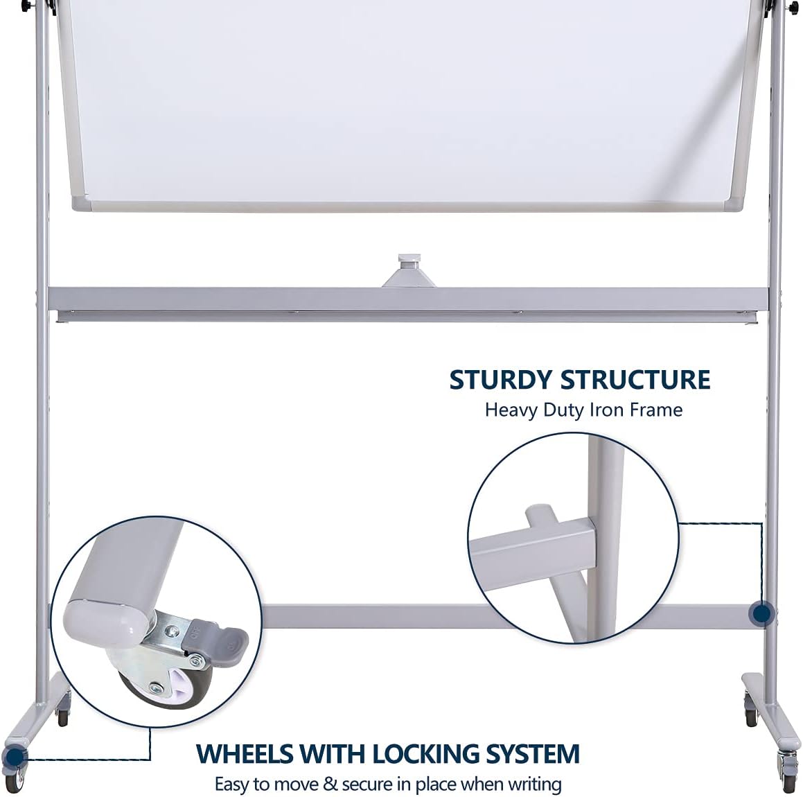 Large Double Sided Whiteboard 72x40 inches on Wheels - Height Adjustable Mobile Magnetic Dry Erase Board with Rolling Stand for Office Meetings, Classroom Teaching, Home, Silver Frame