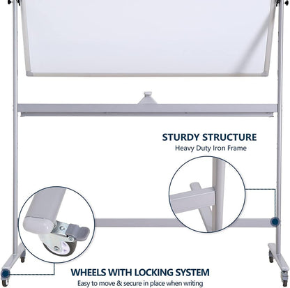 Large Double Sided Whiteboard 72x40 inches on Wheels - Height Adjustable Mobile Magnetic Dry Erase Board with Rolling Stand for Office Meetings, Classroom Teaching, Home, Silver Frame