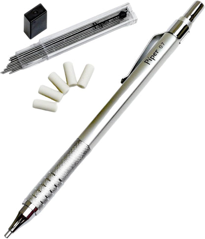 PIPER Quadrata Metal Mechanical Pencil 0.7mm with Erasers and HB #2 Lead Refills for Art, Sketching, Writing, Drafting (Satin Silver)