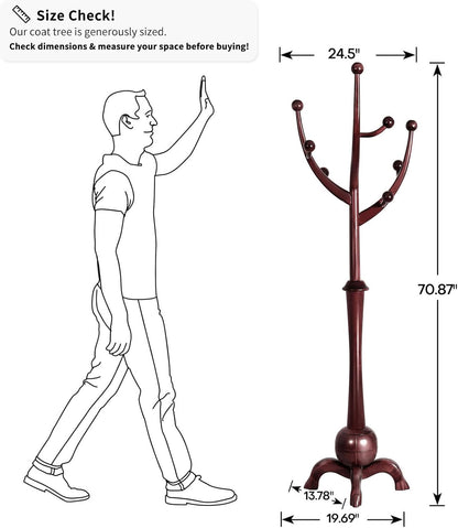 Coat Rack Freestanding Wood Tree Rack with 8 Hooks, Creative Design Tree Branch-look, Coat Tree Clothes Hanger Stand with Stable Sphere Base for Entryway, Hallway, Bedroom (Wine Red)