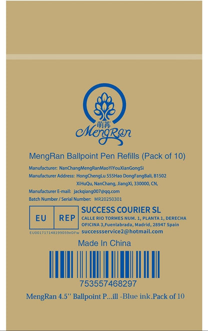 MengRan 4.5'' Ballpoint Ink Pen Refills for Twist Pens,1mm Medium Tip, Compatible with Cross Pen Refills (8511)(10 Pcs Blue Ink)