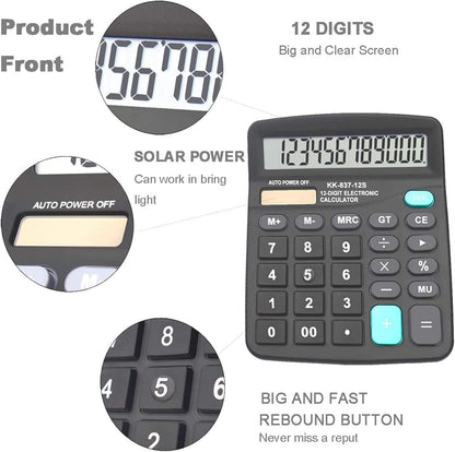 Calculators, Large Button Calculator with Angled LCD Display 12-Digit Dual Power Handheld Desktop Feature for Office, School, Home(Black, Pack of 5)