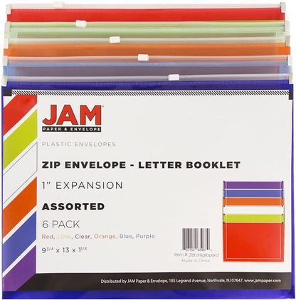 JAM PAPER Plastic Envelopes with Zip Closure - Letter Booklet - 9 3/4 x 13 - Assorted Colors - 6/Pack