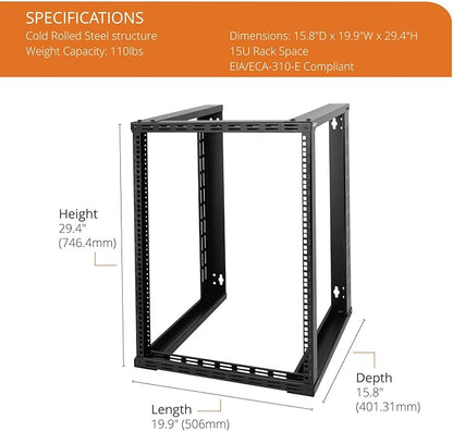 Tecmojo 15U Wall Mount Rack, Wall Mount Network Rack 15.8in Depth, Open Frame Server Rack for 19in IT/AV/Data/Home Equipment, Black
