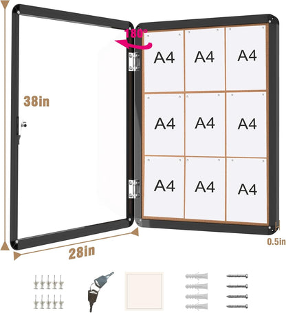 38"x28" Enclosed Bulletin Board, Lockable Weather-Resistant Aluminum Cork Noticeboard for School & Office, Black Frame w/Cork