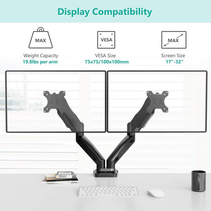 WALI Dual Monitor Mount, Monitor Arms for 2 Monitors Fully Adjustable Gas Spring Desk Mount Swivel Mounting Holes Bracket with C Clamp, Grommet Base for Display Up to 32 Inch 19.8lbs (GSMP002), Black