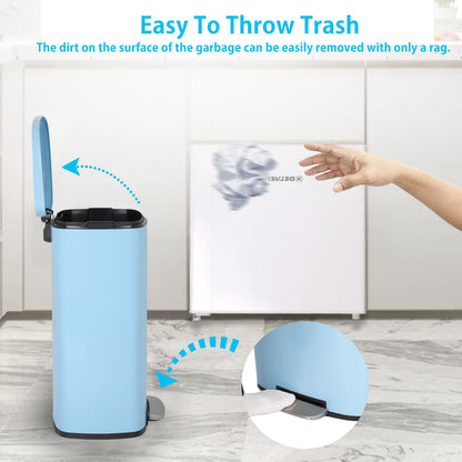 PayLessHere Stainless Steel Trash Can with Lid - Removable Inner Bucket, Foot Pedal Soft Close for Office, Home, Kitchen Garbage Bin (Blue, 13 G)