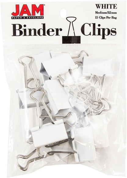 JAM PAPER Colorful Binder Clips - Medium - 1 1/4 Inch (32 mm) - White Binderclips - 15/Pack